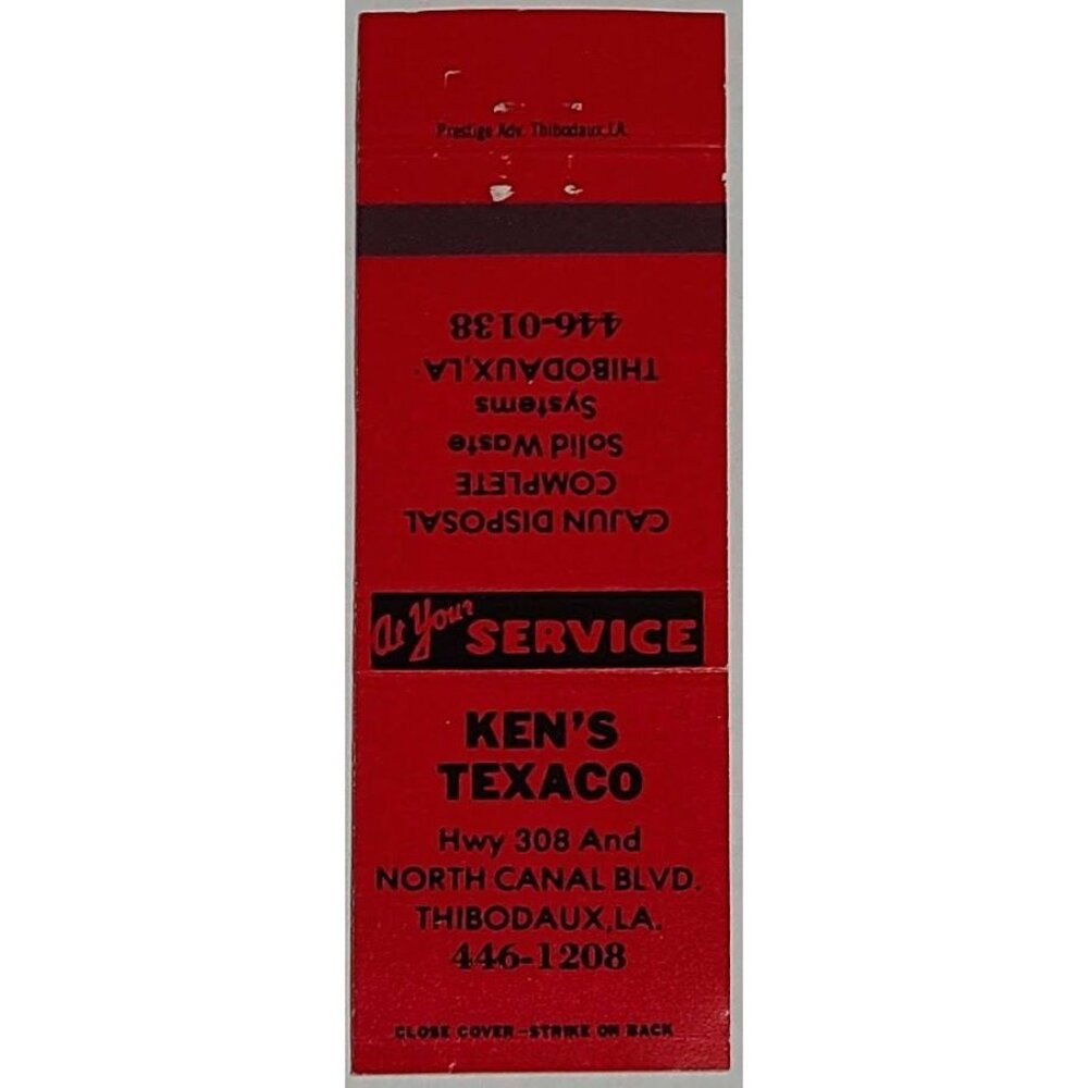 Vintage Matchbook Cover Ken’s Texaco Cajun Disposal Thibodaux Louisiana LA